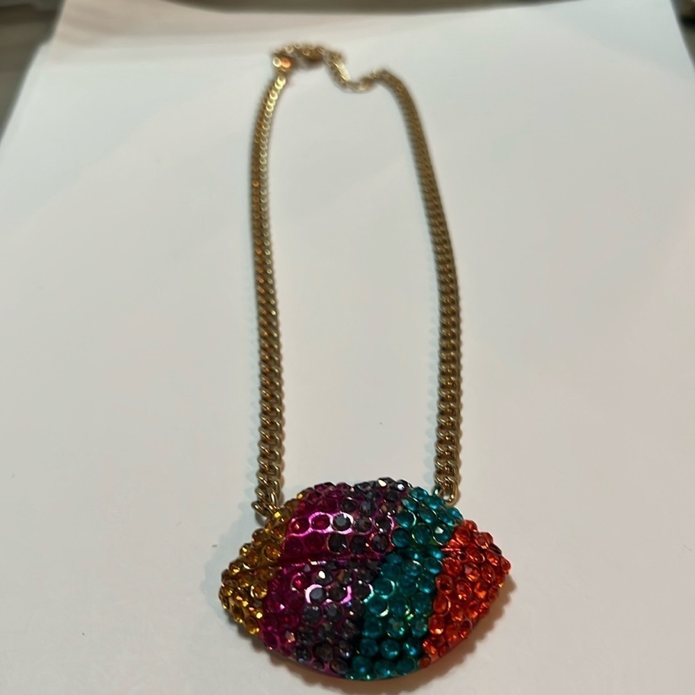 Betsy Johnson, rainbow sparkly lips statement necklace
